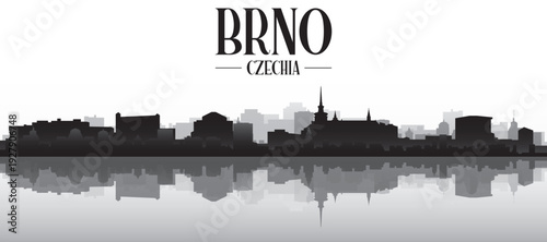 Black and white panoramic poster of the city skyline with misty background buildings and water reflection of BRNO, CZECH REPUBLIC