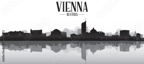 Black and white panoramic poster of the city skyline with misty background buildings and water reflection of VIENNA, AUSTRIA