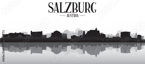 Black and white panoramic poster of the city skyline with misty background buildings and water reflection of SALZBURG, AUSTRIA