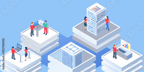 Isometric illustration depicting data management and digital networking concepts