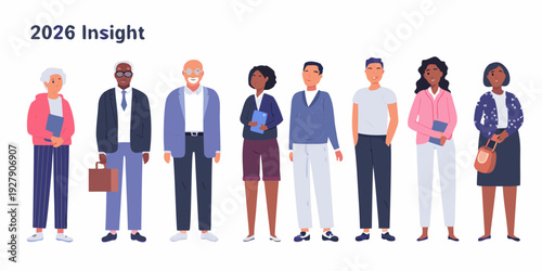 Diverse group of people standing in a row illustrated in a flat style