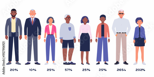 Diverse group of people with percentage labels below each figure