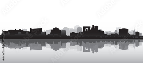 Black and white panoramic poster of the city skyline with misty background buildings and water reflection of PARIS, FRANCE