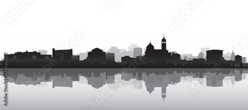Black and white panoramic poster of the city skyline with misty background buildings and water reflection of NICE, FRANCE