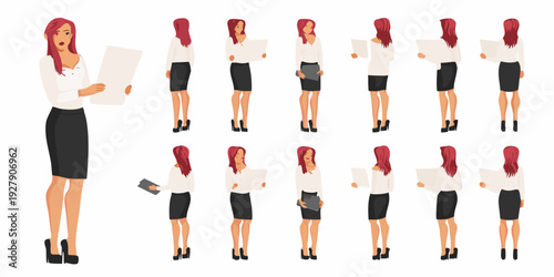 A businesswoman shown in various poses reading documents and holding a phone