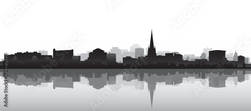 Black and white panoramic poster of the city skyline with misty background buildings and water reflection of BORDEAUX, FRANCE