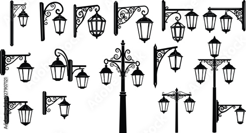 Vintage street lamp silhouettes set with decorative lanterns and poles, classic urban lighting collection representing old town architecture, city streets, and retro design on white