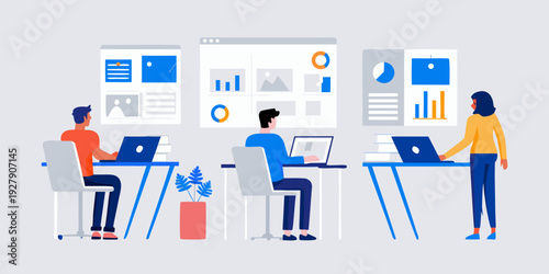 Team collaboration and digital workspace with people using laptops