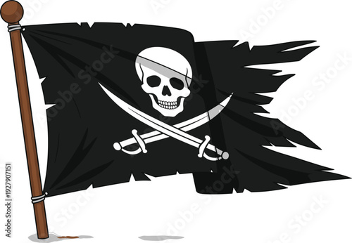 Pirate Flag with Skull and Crossed Swords Cartoon Illustration