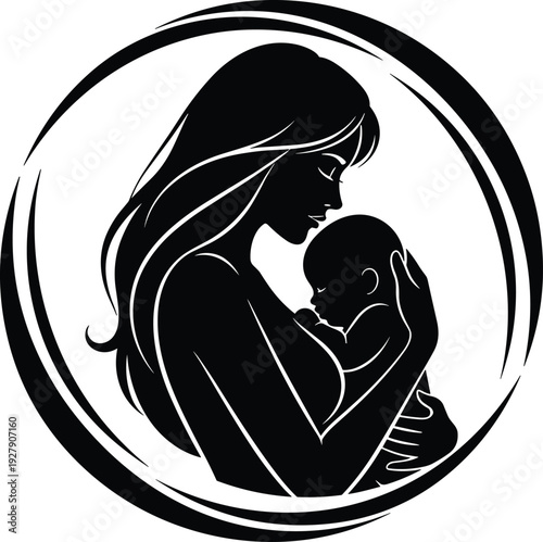 Mother and baby silhouette symbol, maternal love and care concept illustration, parenting icon isolated on white background design