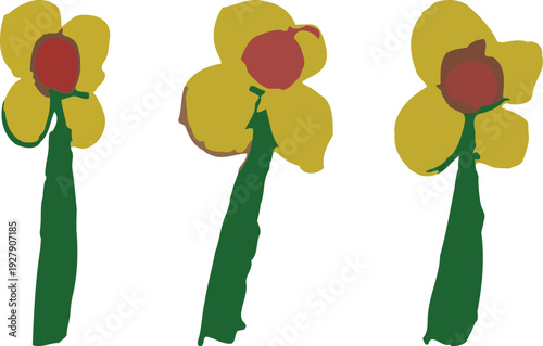 Three yellow flowers with green stems and red centers on white background