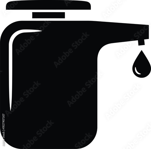 Black and white icon of a coffee pot with a single drop of liquid