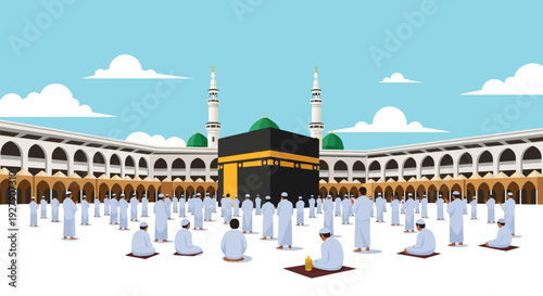 Kaaba and Muslim Pilgrims at Masjid al-Haram in Mecca, performing Hajj or Umrah. Vector Illustration of Islamic Holy Site.
