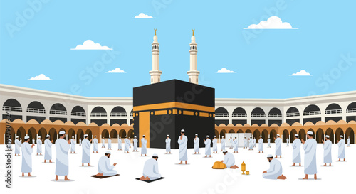 Muslim Pilgrims Performing Hajj or Umrah at the Holy Kaaba in Mecca, Saudi Arabia - Islamic Sacred Site and Worship Illustration