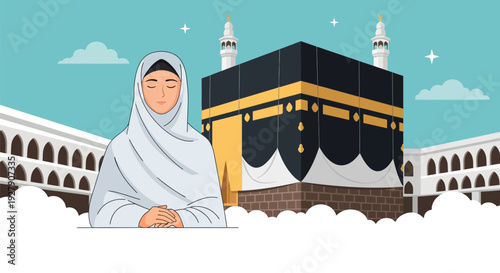 Devout Muslim Woman Praying at the Holy Kaaba in Mecca for Hajj or Umrah Pilgrimage. Islamic Spirituality & Devotion Vector Illustration.