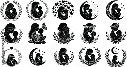 Mother and baby silhouettes decorative set, motherhood, love and care concept, floral and heart design elements, black isolated vector collection