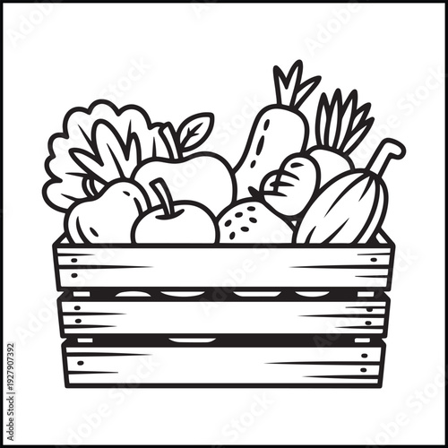 Farmers Market Crate Coloring Page with Fresh Produce, Wooden Box Fruits and Vegetables Line Art, Printable Coloring Sheet for Kids and Adults Vector Illustration