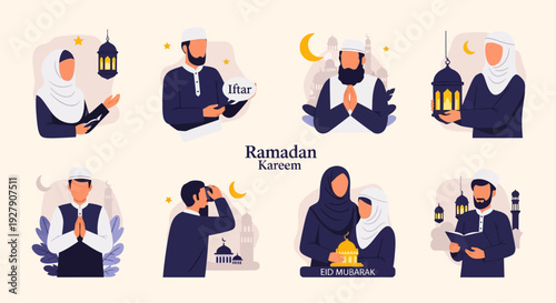 Ramadan Kareem & Eid Mubarak Vector Illustrations: Muslim People Celebrating Holy Month, Praying, Iftar, and Islamic Festivals