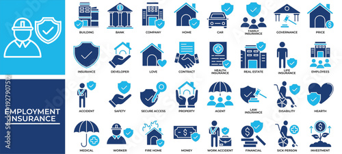 Employment Insurance icon set collection. Containing partnership, law, disability, property, contract, cooperation, insurance .Solid vector icons collection