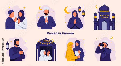 Ramadan Kareem Flat Vector Illustrations Set with Muslim People, Mosque, Iftar, and Islamic Greetings for Holy Month Celebrations