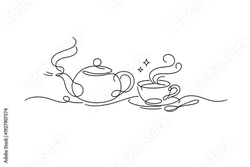 Minimalist line art of a steaming teapot and a cup of hot beverage on a saucer