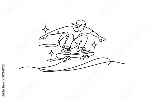 Continuous line drawing of a skateboarder performing a trick with motion lines and stars