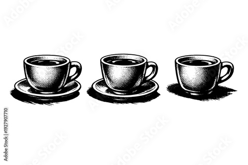 Three hand-drawn coffee cups with saucers in a row, black and white sketch style