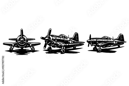 Vintage propeller aircraft shown from three different angles on a white background