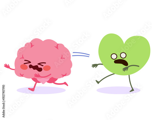 Cartoon illustration of a scared brain running from a zombie heart representing emotional stress and mental overload concept