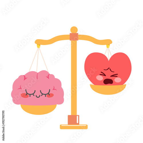 Cartoon illustration of heart and brain characters balanced on a golden scale showing cognitive dominance over emotion in decision making