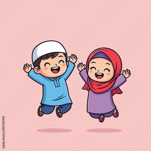 Adorable cartoon Muslim boy in white kufi and blue attire, alongside a girl in red hijab and purple dress, both joyfully jumping with raised arms and big smiles on a light pink background.