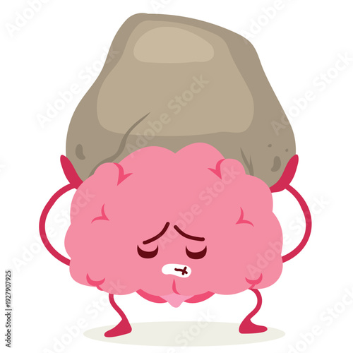 Cartoon illustration of a brain character carrying a heavy rock representing mental burden, stress and cognitive overload concept