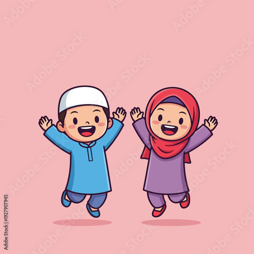 Cute cartoon Muslim boy and girl standing together, both smiling widely with arms open, wearing traditional Islamic attire, against a bright yellow background. Vector illustration.