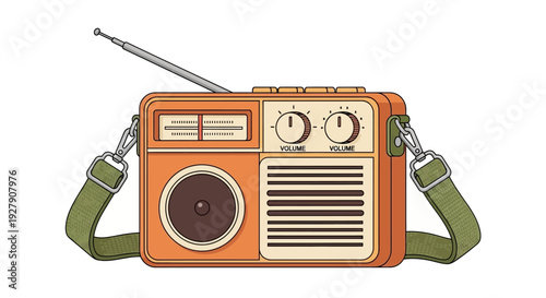 Vintage Orange Portable Radio with Green Straps and Antenna.