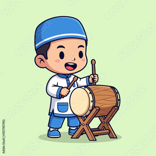 Happy chibi cartoon Muslim boy in traditional attire, wearing a blue peci hat and white koko shirt, joyfully playing a wooden bedug drum with drumsticks, celebrating Islamic holidays.