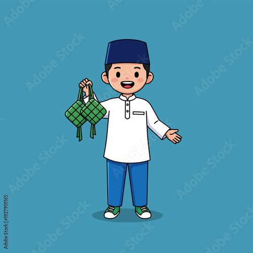 Cute cartoon illustration of a happy young Asian boy wearing a traditional white Baju Koko shirt and blue peci, holding two green ketupat, isolated on a solid blue backdrop.