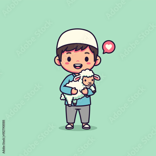 Vector illustration of a cute young Muslim boy wearing a white kufi and blue attire, happily holding a small white lamb. A pink heart speech bubble signifies affection on a plain green background.