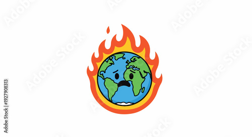 A cartoon globe engulfed in flames on a white background, symbolizing global warming or climate change with a sense of urgency and distress.