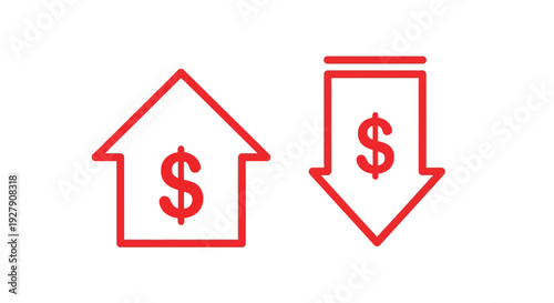 Red line art icons illustrating the concept of financial fluctuations showing upward and downward monetary trends clearly.