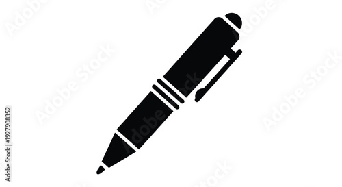 Simple black silhouette icon representing a classic writing instrument such as a ballpoint pen or fountain pen angled diagonally.