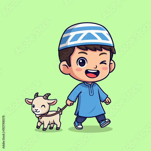 Young cartoon Muslim boy in blue tunic and striped kufi cap, winking and smiling, walking a small beige baby goat with horns on a leash. Simple light green background.