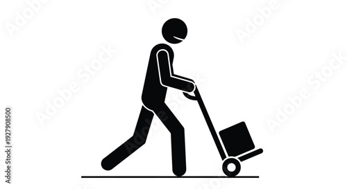 Stick figure icon depicting a delivery worker smoothly operating a hand truck while transporting a securely packaged box across a flat surface.