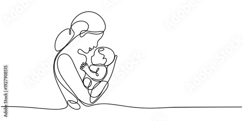 A woman with a baby in her arms. One line drawing with alpha channel, self drawing of continuous one line draw. mother holding her baby. Mother holding baby in continuous line art style.