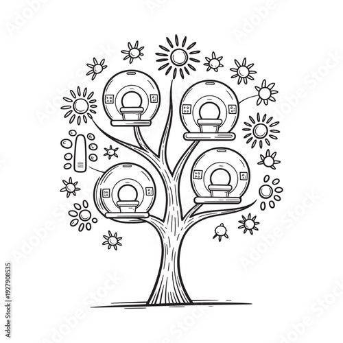 A stylized illustration depicts a human brain levitating beneath a futuristic circular structure high quality professional detailed