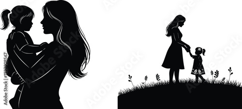 Mother and daughter silhouettes set, family bonding, love, care and parenting concept, black isolated vector illustration collection
