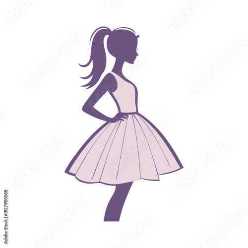 Logotipo de boutique de moda femenina. Dibujo sencillo con líneas de una chica joven de pie con un vestido color morado, vista de perfil 