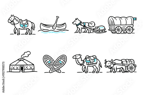 Collection of diverse transportation and dwelling icons on a black background