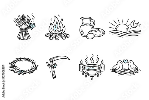 Collection of eight simple, stylized icons representing various concepts and elements