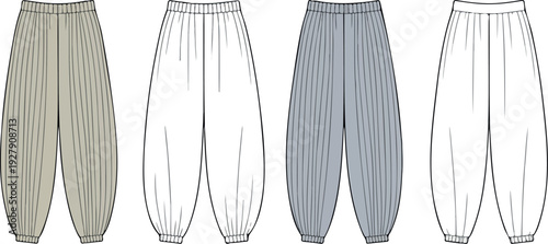 Loose Fit Harem Pants Front and Back View Gathered Cuff Baggy Style Fashion Illustration Technical Garment Flat Sketch Vector Template