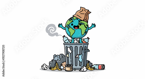 Cartoon Earth character standing on a trash can with arms raised amidst litter and pollution.